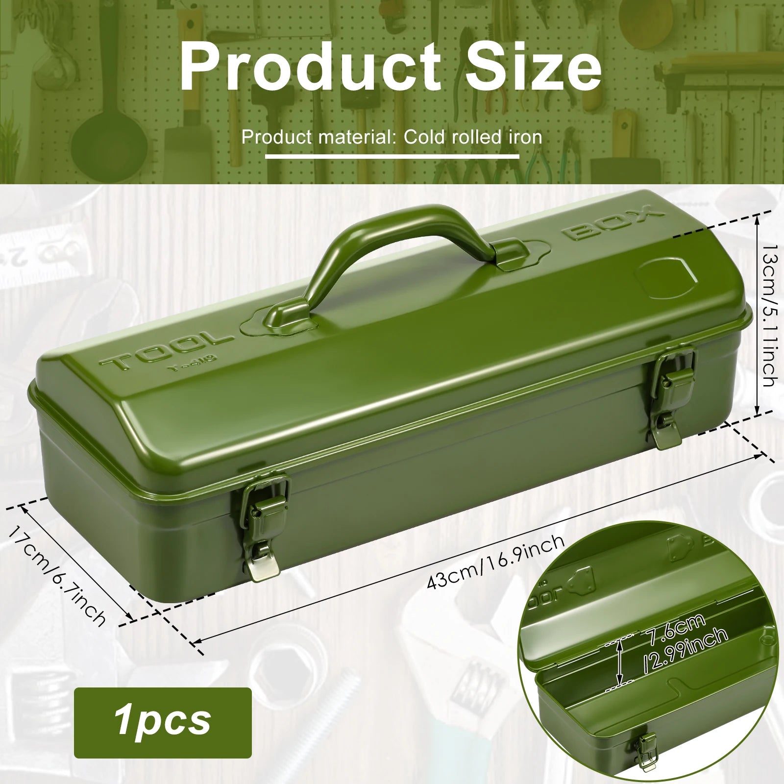 16.9inch Tool Box Portable Steel Tool Box Hip Roof Style with Metal Latch Closure Tool Chest for Household Workshop 43x17x13cm