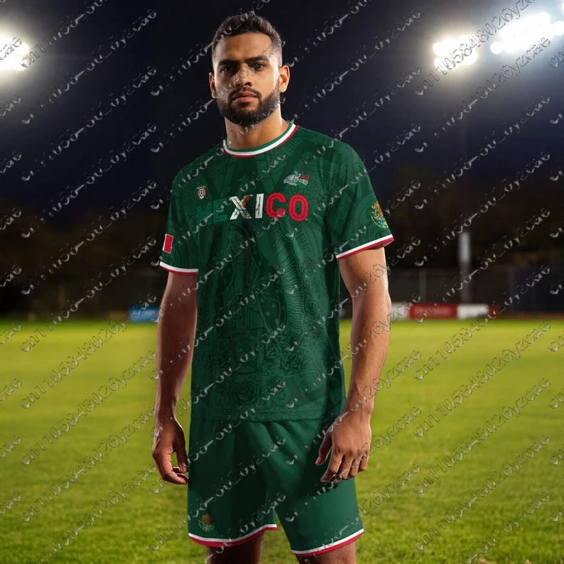 Mexico Football Jersey National Flag Print Soccer Shirt Breathable and Quick DryingTeam Kit T-shirt Shorts Set for Men and Women