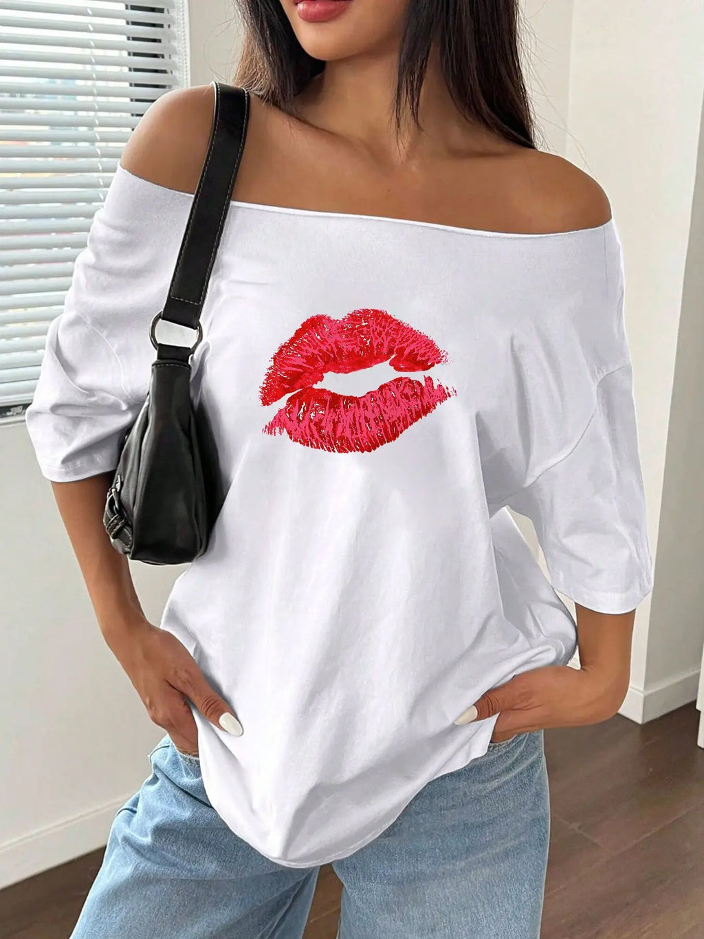 Plus Size 100% Cotton Shoulder Loose Print T-Shirt Oversized Y2K Style Graphic Tees Women Tops Summer Off The Shoulder Top wi