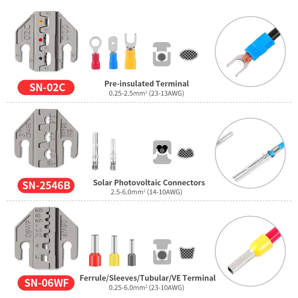 SN Series Crimper Tools Plier 4mm Slot Jaws Set For Crimping Non Pre Insulated/Solar/Ferrule/Coaxial Cable/Open Barrel Terminals
