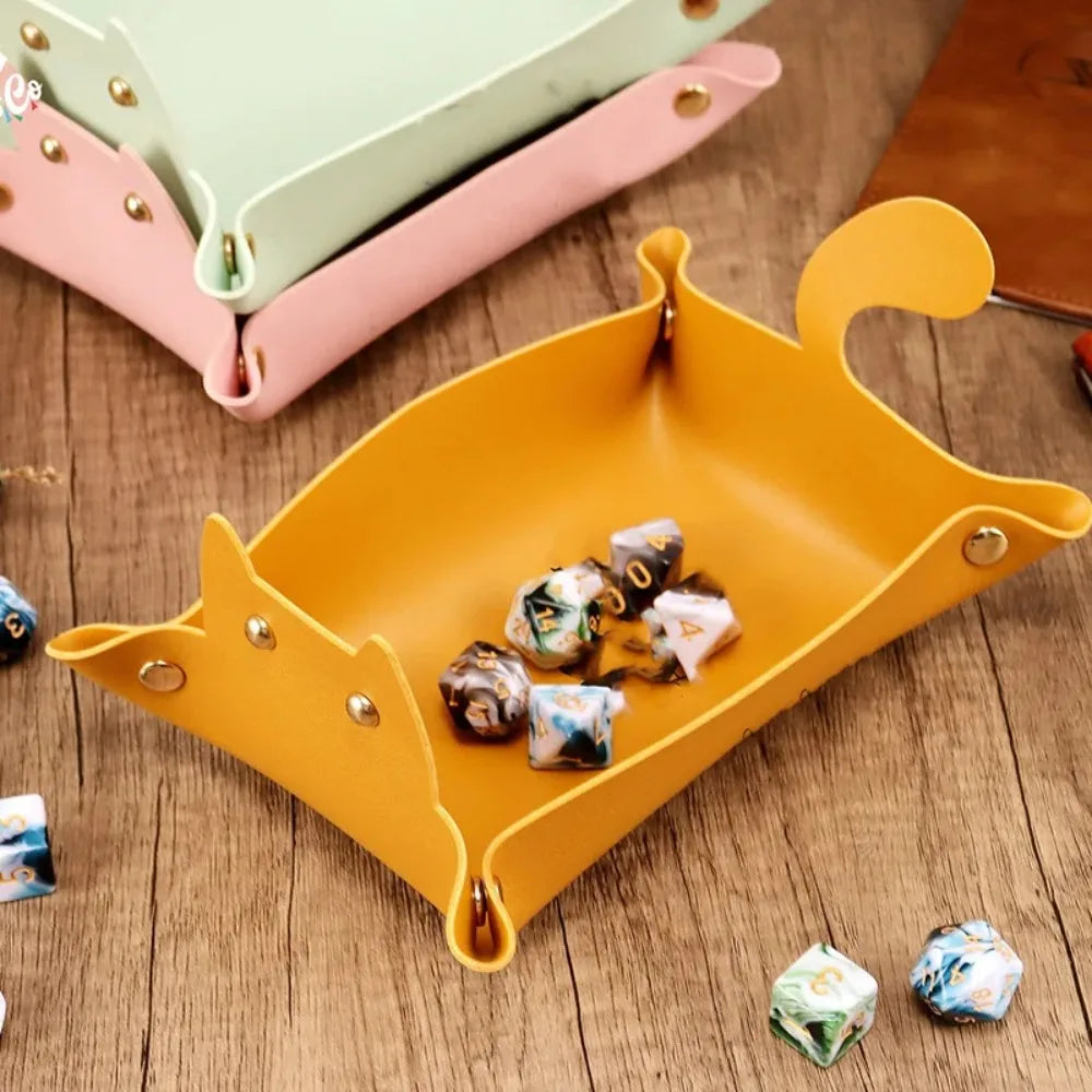 New Cute Cat Dice Tray with Metal Clasp Large Capacity Foldable for Easy Portable Desktop Storage with Artificial Leather Tray