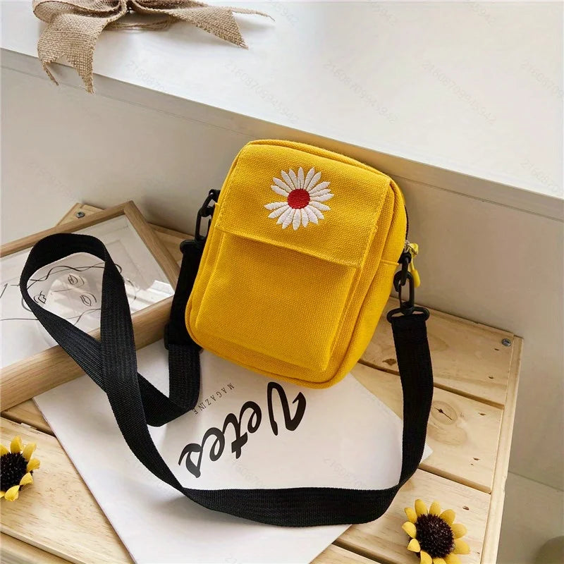 1pc Korean Version of Small Daisy Bag, Messenger Bag Canvas New Small Fresh Simple Versatile Shoulder Mobile Phone Bag