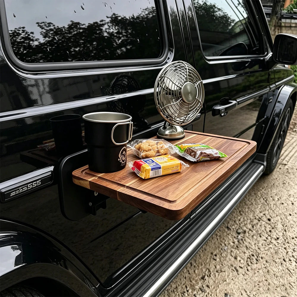 1PC Car Side Folding Wooden Table Outdoor Camping Vehicle Door Mount Tray Auto Cup Holder Storage Rack SUV Travel Accessory