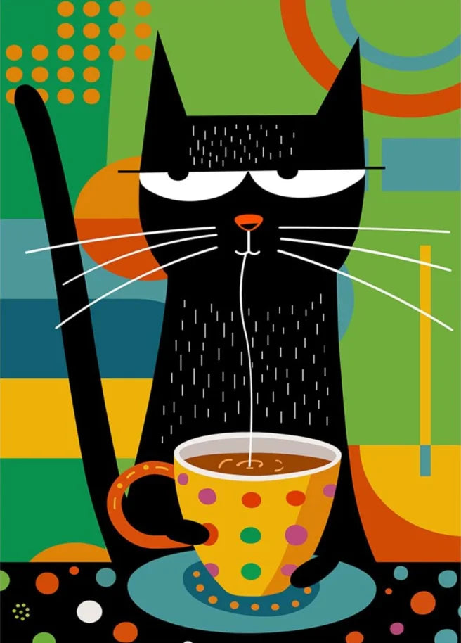 Whimsical Black Cat Drink Coffee Poster For Bedroom Nursery Cartoon Animal Canvas Painting Cute Cat Illustration Print Wall Art
