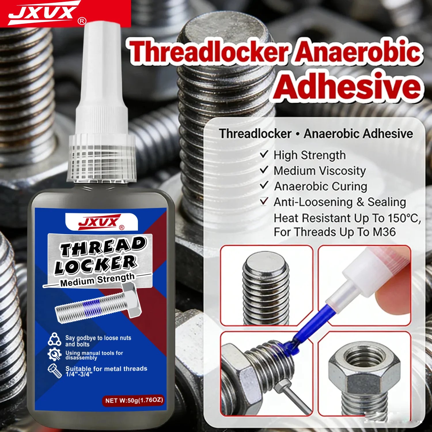 Medium strength blue liquid fillet brakes, removable; Thread adhesive sealant to prevent loosening and rust; 50/10 ml bottle; anti-rust; component replacement sealant.