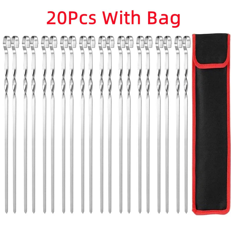 BBQ Sticks Stainless Steel Barbecue Skewer BBQ Tools Utensil Reusable Grill Sticks Outdoor Camping Picnic Flat BBQ Fork 6-12Pcs