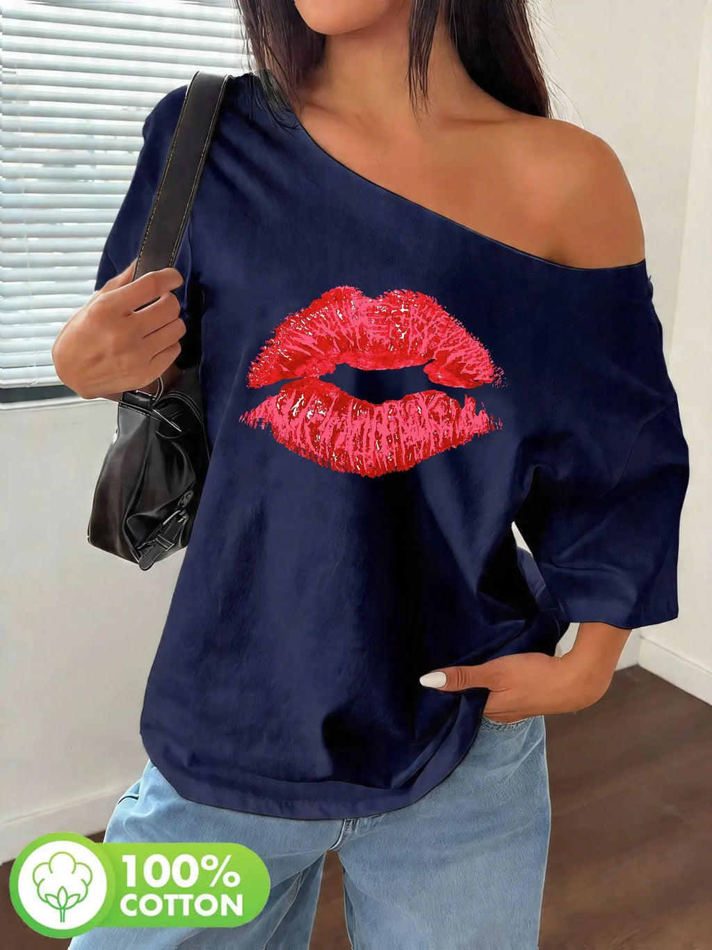 Plus Size 100% Cotton Shoulder Loose Print T-Shirt Oversized Y2K Style Graphic Tees Women Tops Summer Off The Shoulder Top wi