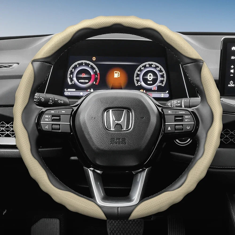 Steering Wheel Cover Suitable for Honda, Wave-Shaped Sporty Design, Breathable Leather, Segmented Design, Non-Slip