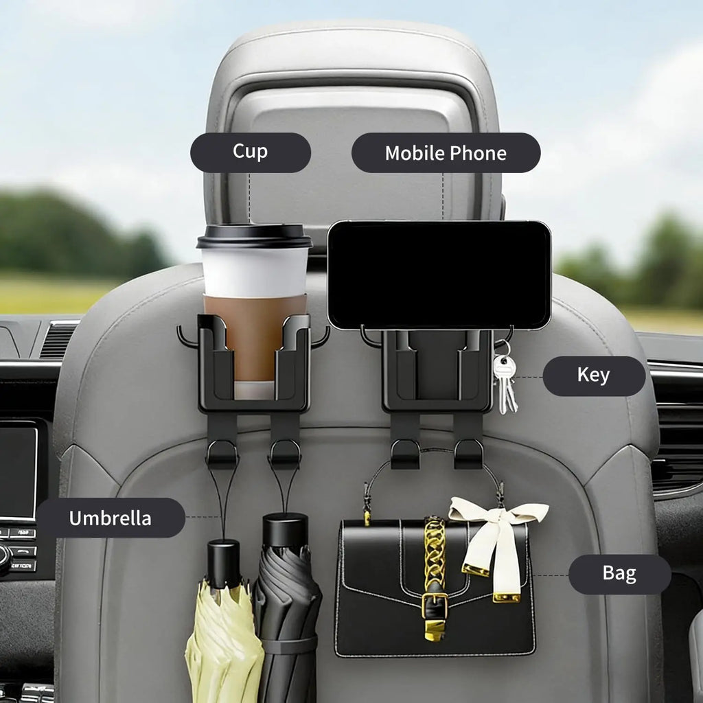 Car Seat Backrest Storage Rack with Cup Holder, Phone Holder, and Hooks, Saving Space, Automotive Parts