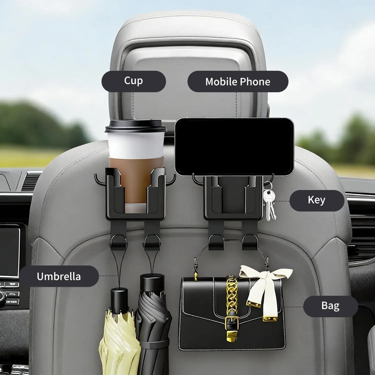Car Seat Backrest Storage Rack with Cup Holder, Phone Holder, and Hooks, Saving Space, Automotive Parts