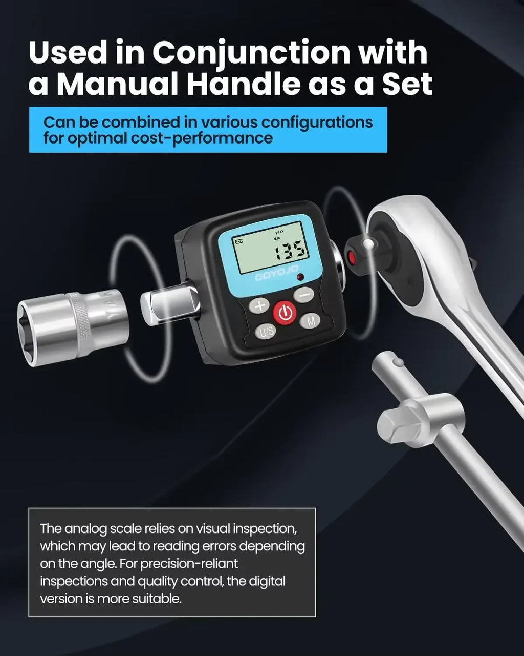 GOYOJO Digital Torque Wrench Adapter - Precision Electronic Torque Tool Converter and Meter with LCD Display, Includes 1/2", 1/4