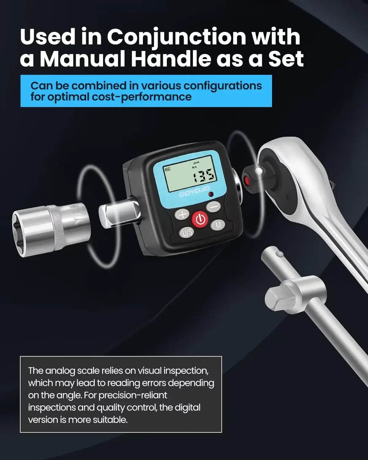 GOYOJO Digital Torque Wrench Adapter - Precision Electronic Torque Tool Converter and Meter with LCD Display, Includes 1/2", 1/4