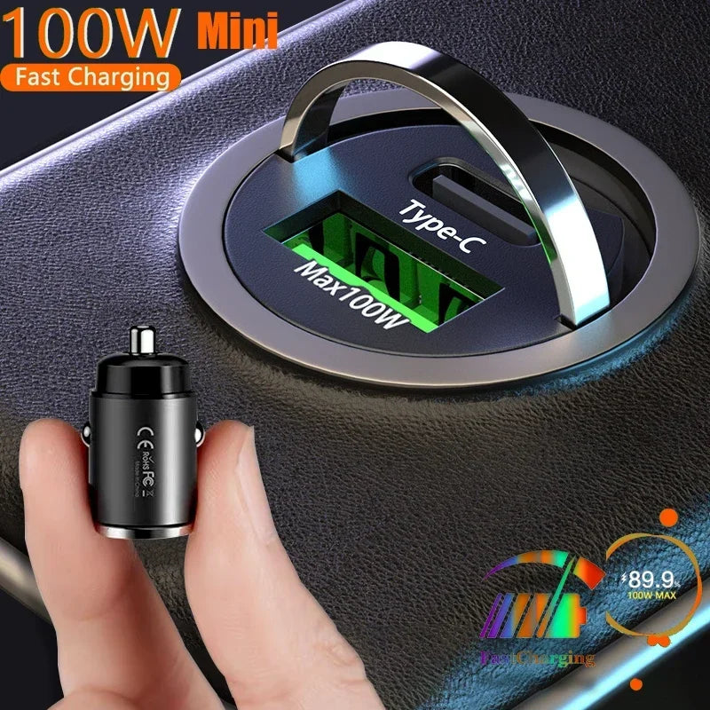 New Mini 100W Car Charger Type C Dual USB Fast Charging iphone 15 pro max Samsung Huawei Xiaomi Socket Cigarette Lighter Charger