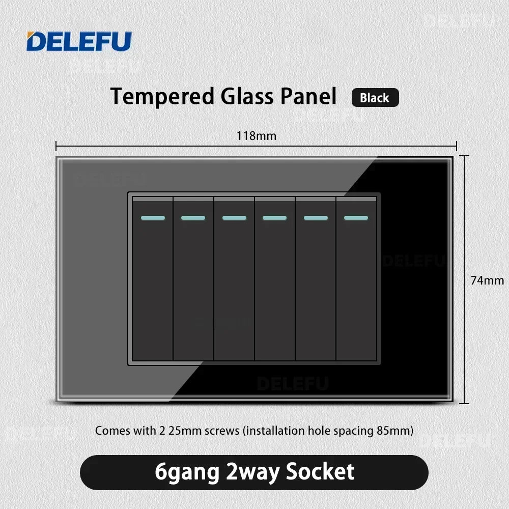 DELEFU Black Tempered Glass Israel USB Type C Fast Charging Wall Socket Light Tuya Wifi Smart Switch Sat TV Tel Doorbell Curtain