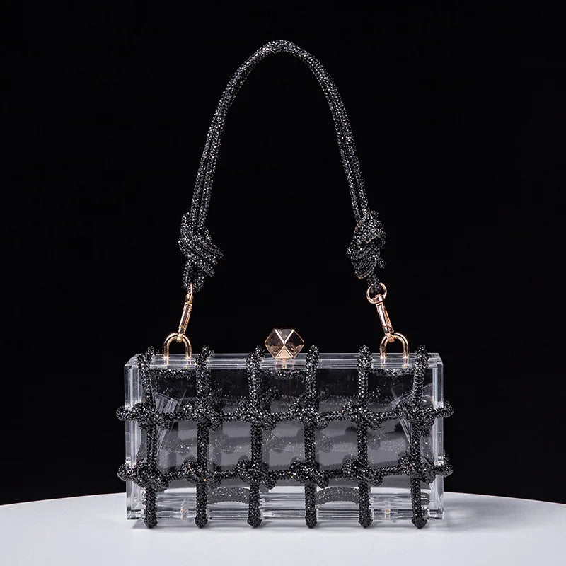 New Diamond Clear Acrylic Box Evening Clutch Bags Women Boutique Woven Knotted Rope Rhinestone Purses And Handbags Wedding Party