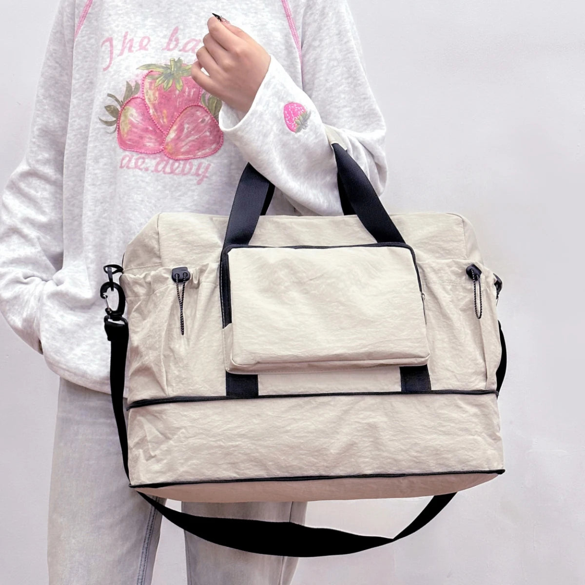 Travel Bag with Large Capacity for Short-Distance Travel, Storage Luggage Bag, Portable Lightweight Crossbody Sports and Fitness Bag for Women, Expandable and Can Be Attached to a Trolley Case
