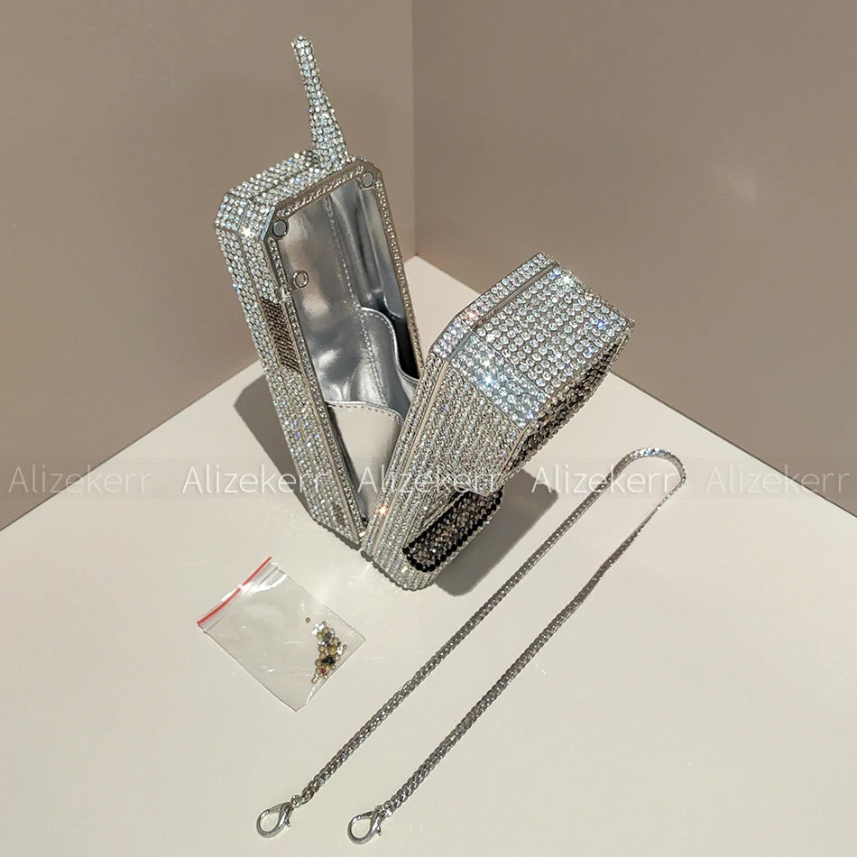 Alizekerr Cellphone Shaped Diamond Evening Bags Women 2025 Gorgeous Bling Rhinestone Metallic Purses And Handbags Wedding Party