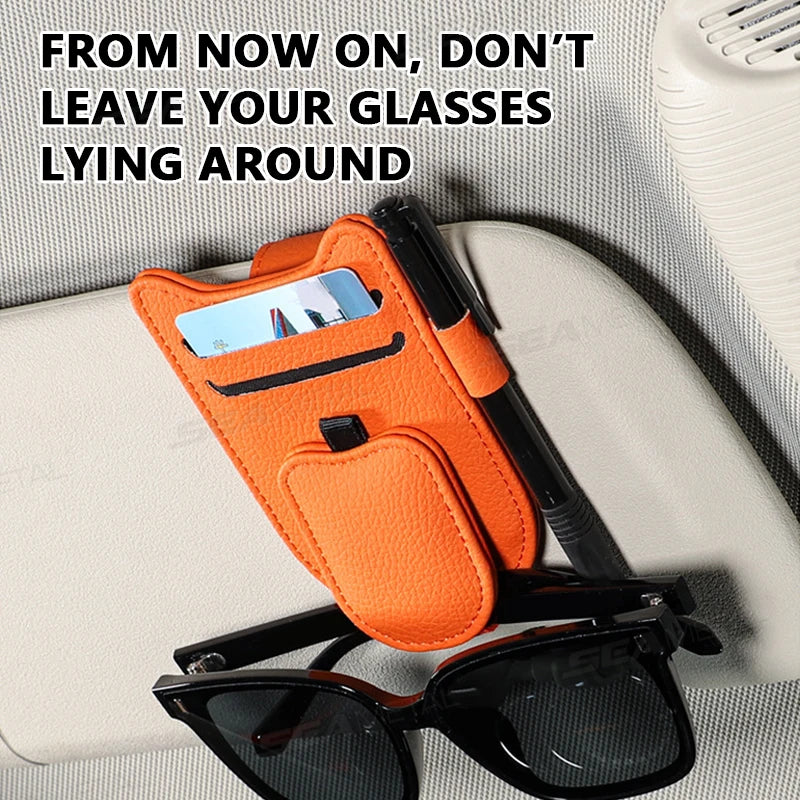 Car Sun Visor Glasses Holder Magnetic Eyeglasses Hanger Clip Luxury Leatherette Car Sunglasses Holder Mount Universal