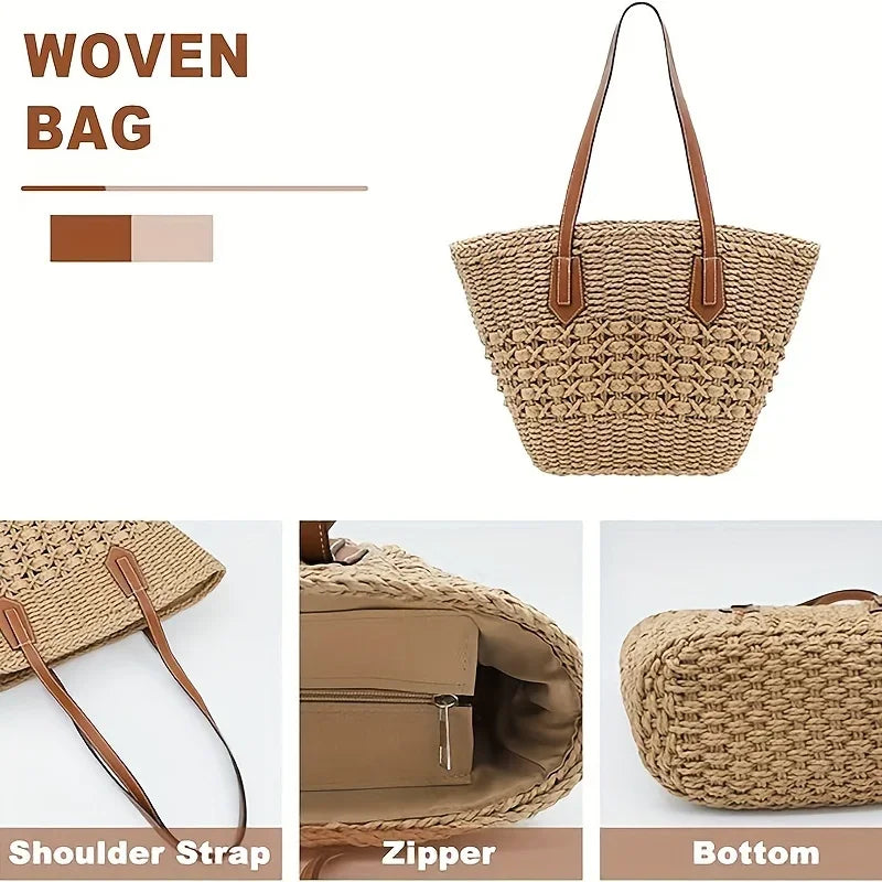 Braided Straw Tote Bag Large Capacity, Vacation Ready, Daily Shopping Companion for Women Perfect for Beach, Casual Fashion