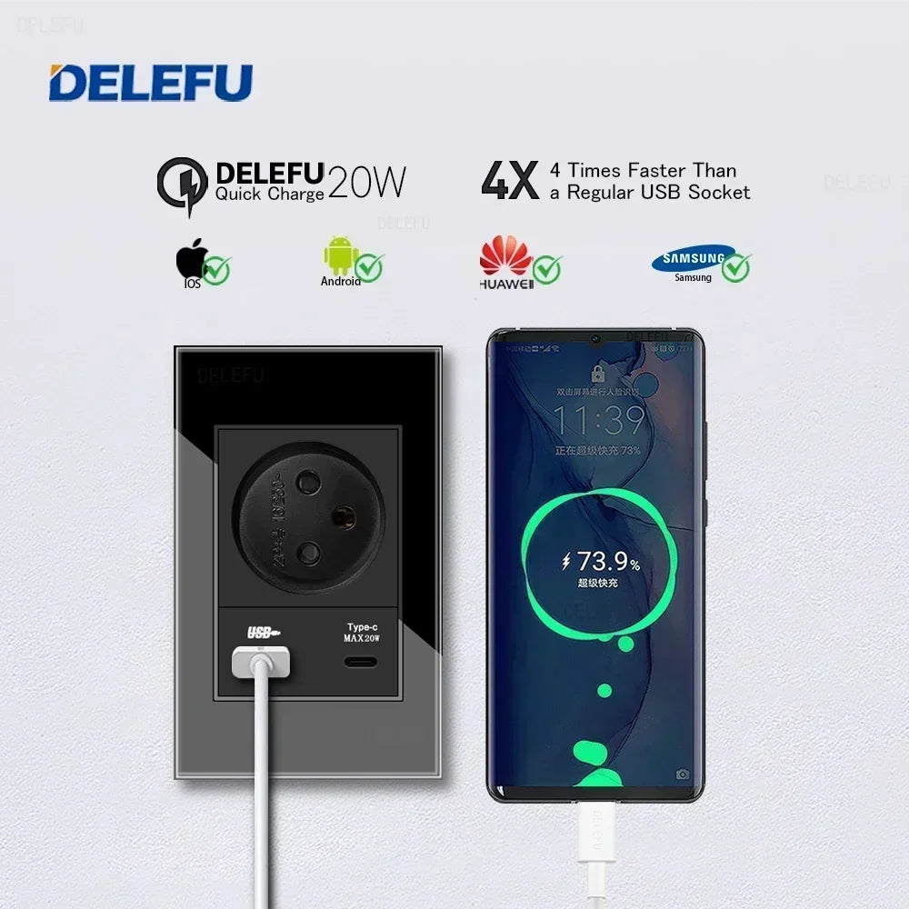 DELEFU Black Tempered Glass Israel USB Type C Fast Charging Wall Socket Light Tuya Wifi Smart Switch Sat TV Tel Doorbell Curtain