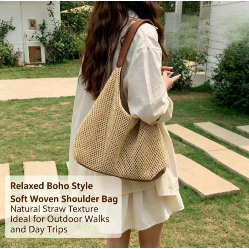 Niche Vacation Style Hand Woven Bag for Women, Summer Seaside Straw Beach Tote Bag, Versatile Commute Single Shoulder Handbag