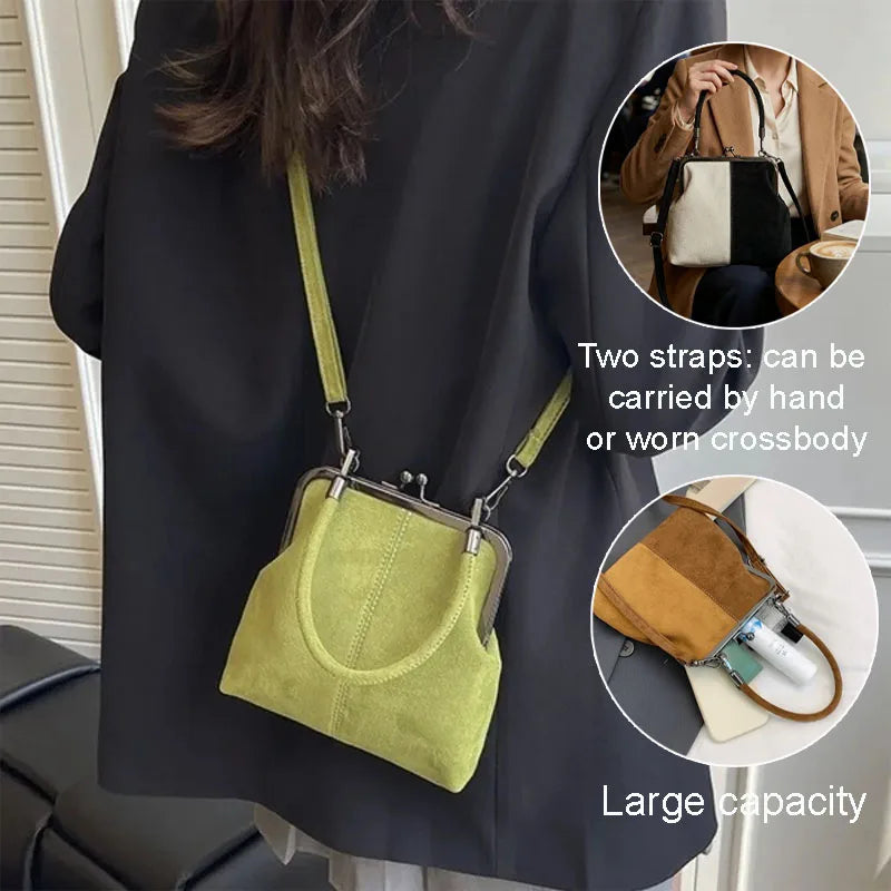 Large Capacity Retro Frosted Handbag Kiss Lock PU Leather Crossbody Bag Clip Closure Short Handle Clutch Shoulder Bag Shopping
