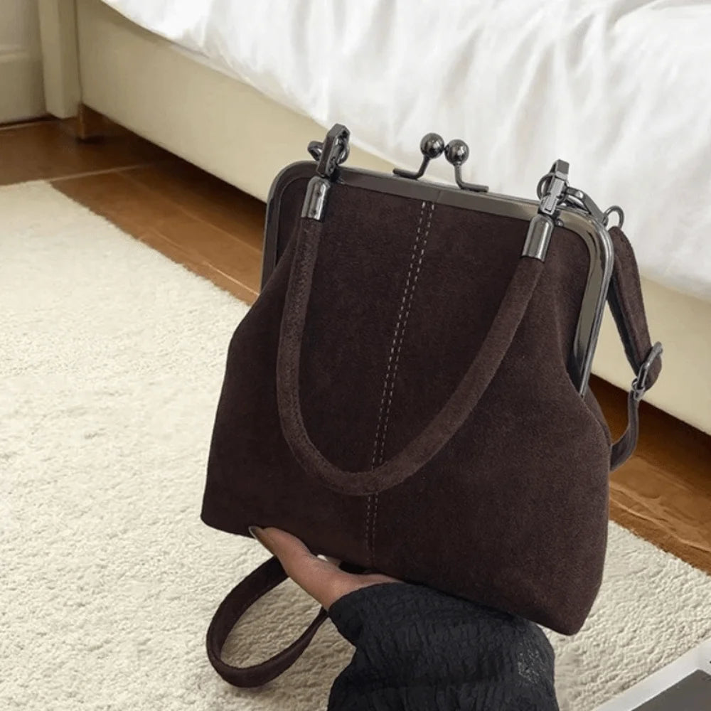 Large Capacity Retro Frosted Handbag Kiss Lock PU Leather Crossbody Bag Clip Closure Short Handle Clutch Shoulder Bag Shopping