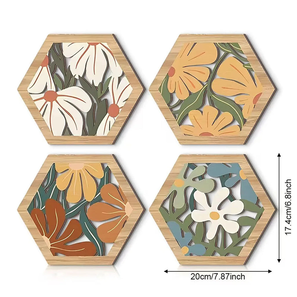 4Pcs Boho Floral Hexagon Wooden Wall Decor with Nano Tape, Boho Wall Art