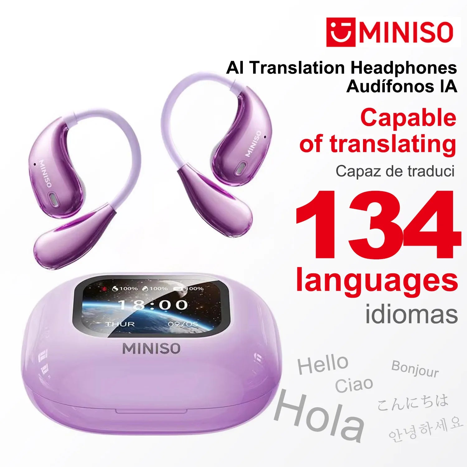 MINISO M95 AI Translator TWS Bluetooth Earphone with Mic Sports Wireless Headphones Long Battery Life Full Color Touch Screen