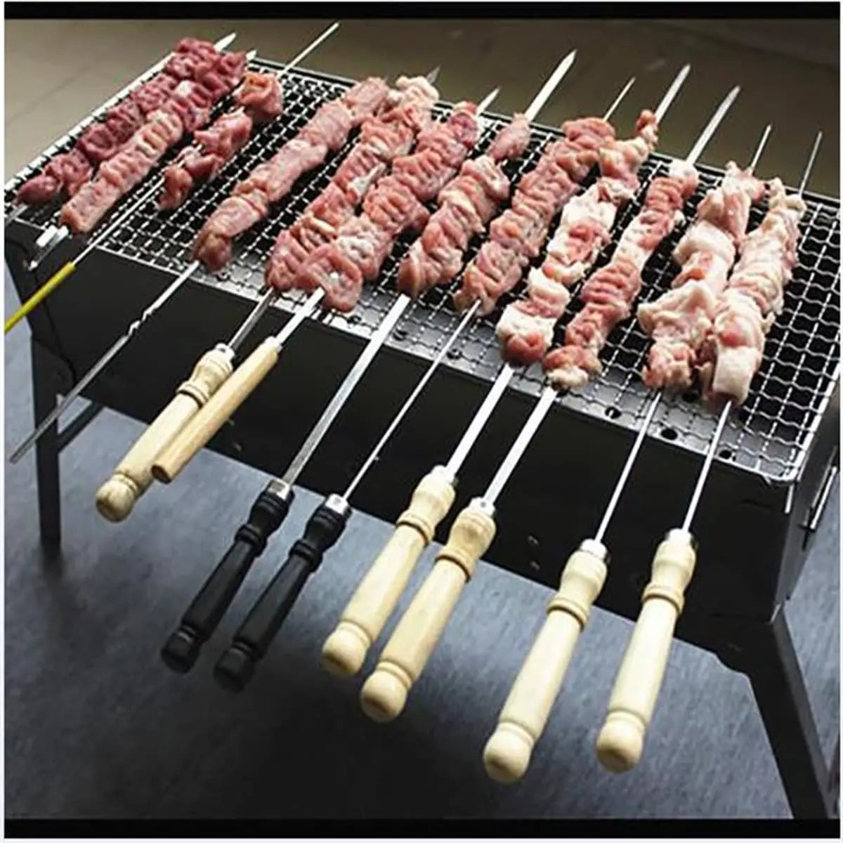 Premium Thick Stainless Steel BBQ Skewers with Wooden Handles - Easy to Turn Non-Stick Heat Resistant Perfect for Chicken Wings