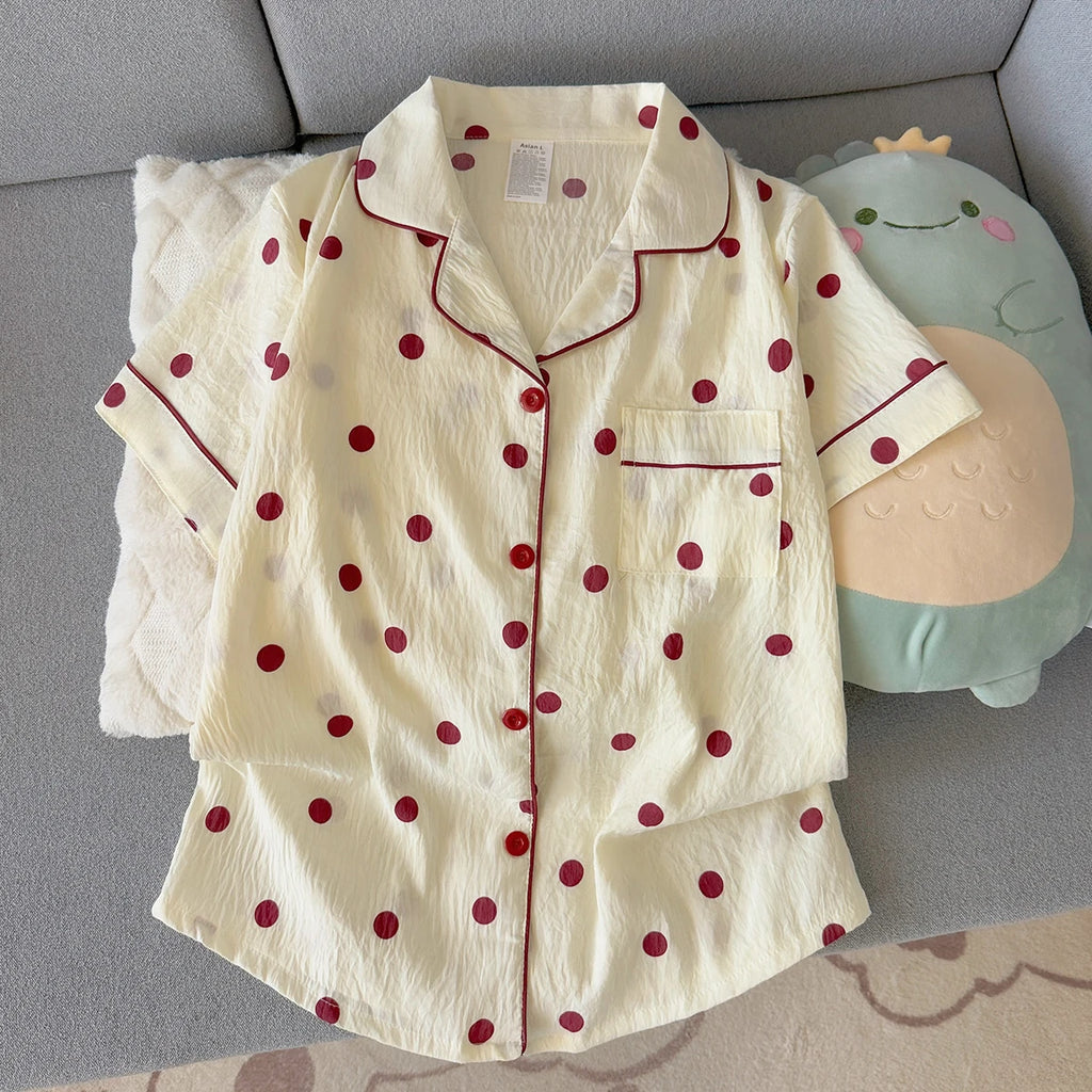 Women's Summer Pajamas, Thin Polka Dot Pattern Short-Sleeved Shorts, Sweet and Cute, Can Be Worn Outside in Summer, Two-Piece Home Wear Set