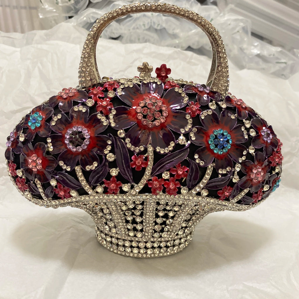 WHTUOHENG Women's Rhinestone Embellished Flower Leaves Basket Clutch Bag Luxury Diamond Evening Purse Crystal Bridal Handbag