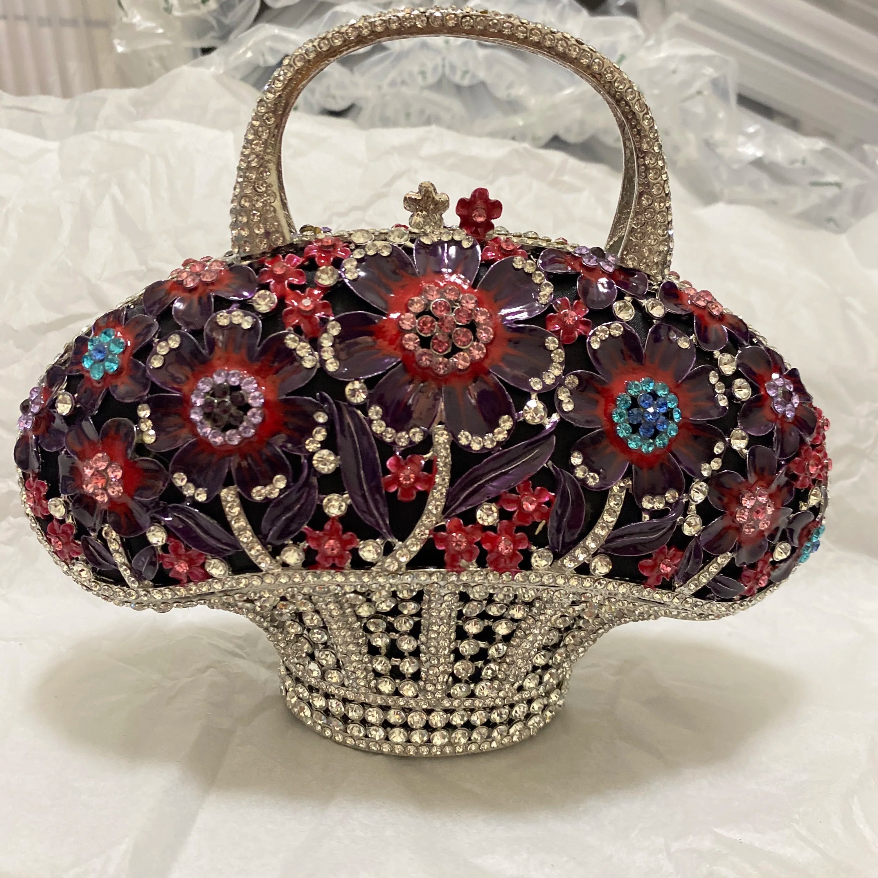 WHTUOHENG Women's Rhinestone Embellished Flower Leaves Basket Clutch Bag Luxury Diamond Evening Purse Crystal Bridal Handbag