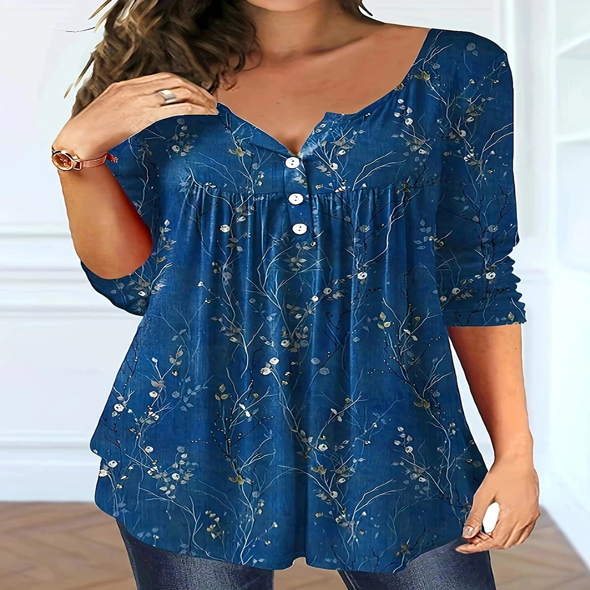 Plus Size Women's Spring and Autumn Long Sleeve Random Plant Print Button T-Shirt