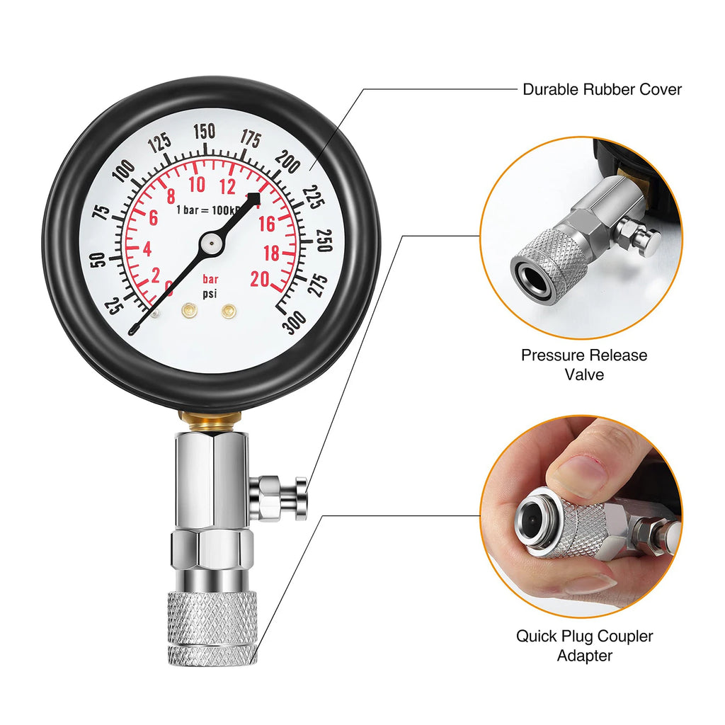 8 PCS Gasoline Engine Compression Tester Set 0-300 PSI Automobile Cylinder Pressure Gauge Kit with M10 M12 M14 M18 Adapter