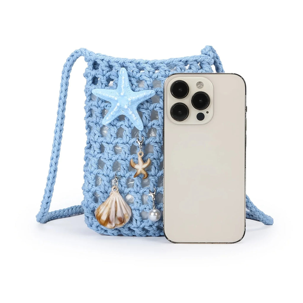 "Crochet Evening Bag w/ Ocean Pendant – Casual Chic for Women, White-Collar, Gifts for Mom, Teacher, Friend."