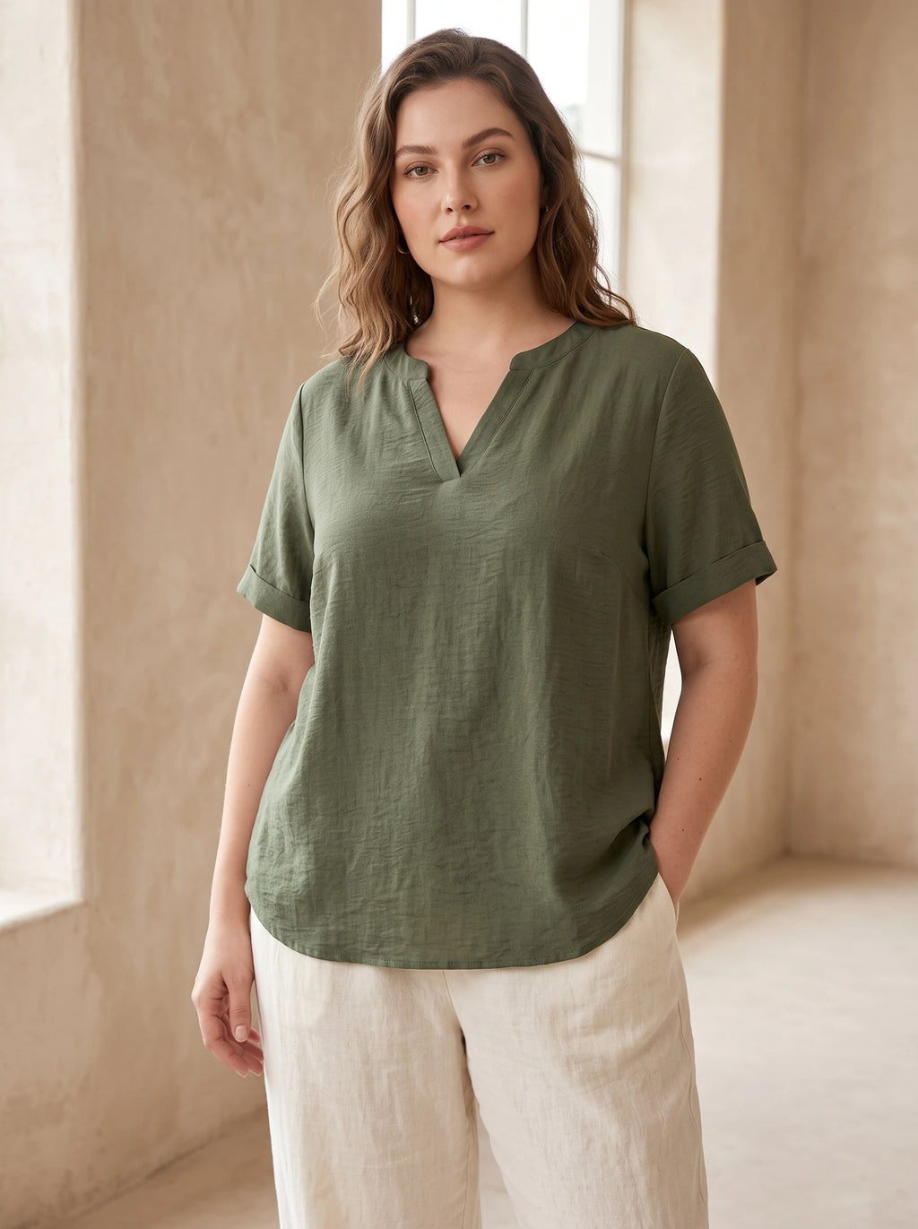Rosa Fera Plus Size Women V Neck Short Sleeve Loose Fit Solid Color Casual Blouse Top