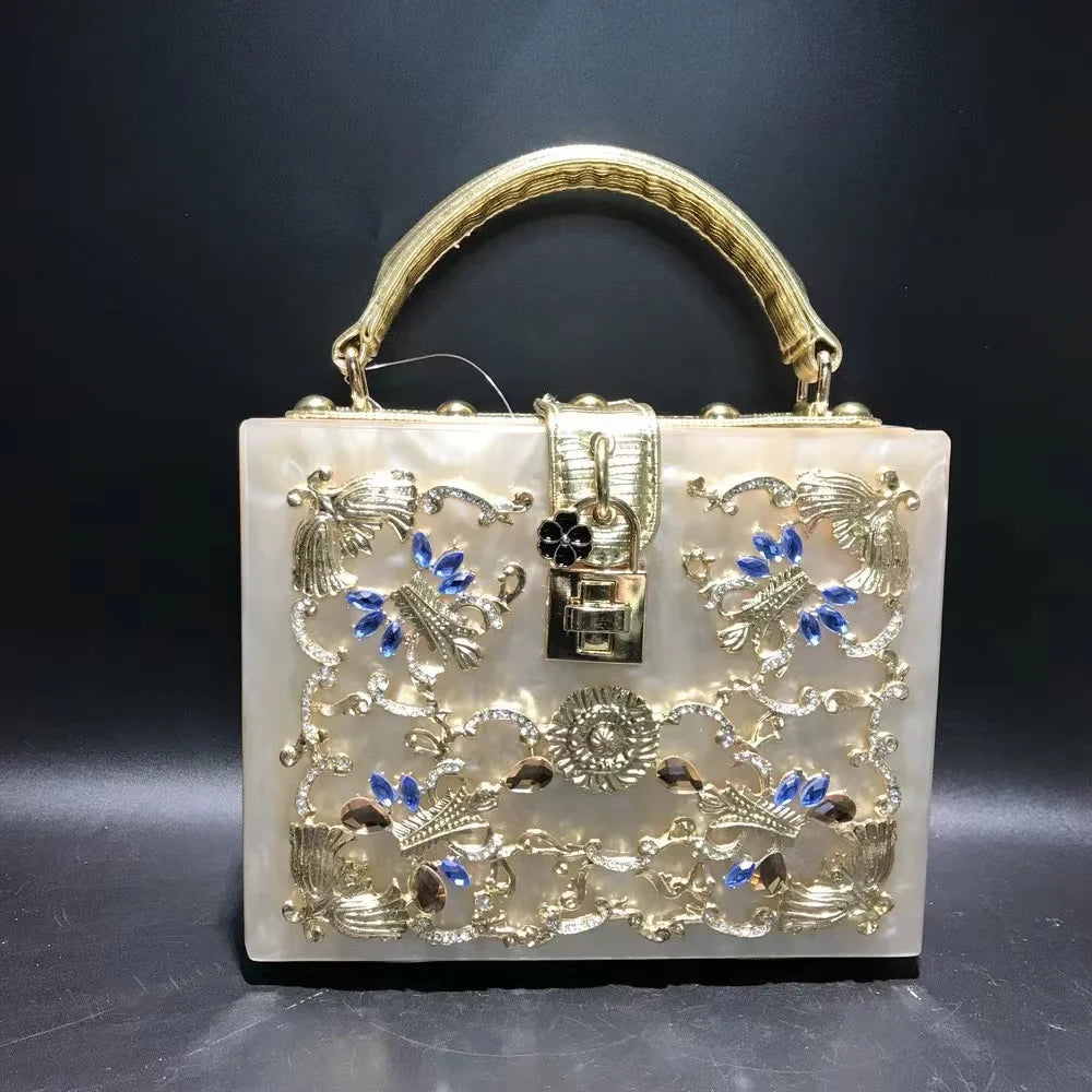 Luxury Designer Shimmer Acrylic Box Glitter Rhinestones Diamond Evening Bag Wedding Party Clutch Purse Shoulder Messenger Bag