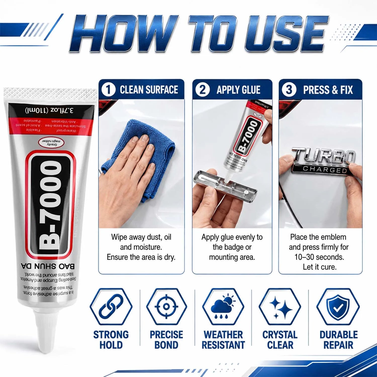 20PCS 15mL B-7000Car Emblem Repair Adhesive,strong transparent adhesive suitable for loose tail emblems, metal badges, plastic .