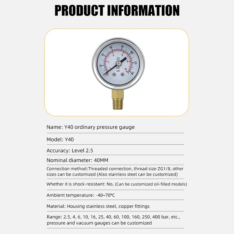 Mairuikesi Glycerin Filled Pressure Gauges manomete 40mm 1/8 Thread Connection Stainless Steel Case hydraulic oil filling meter