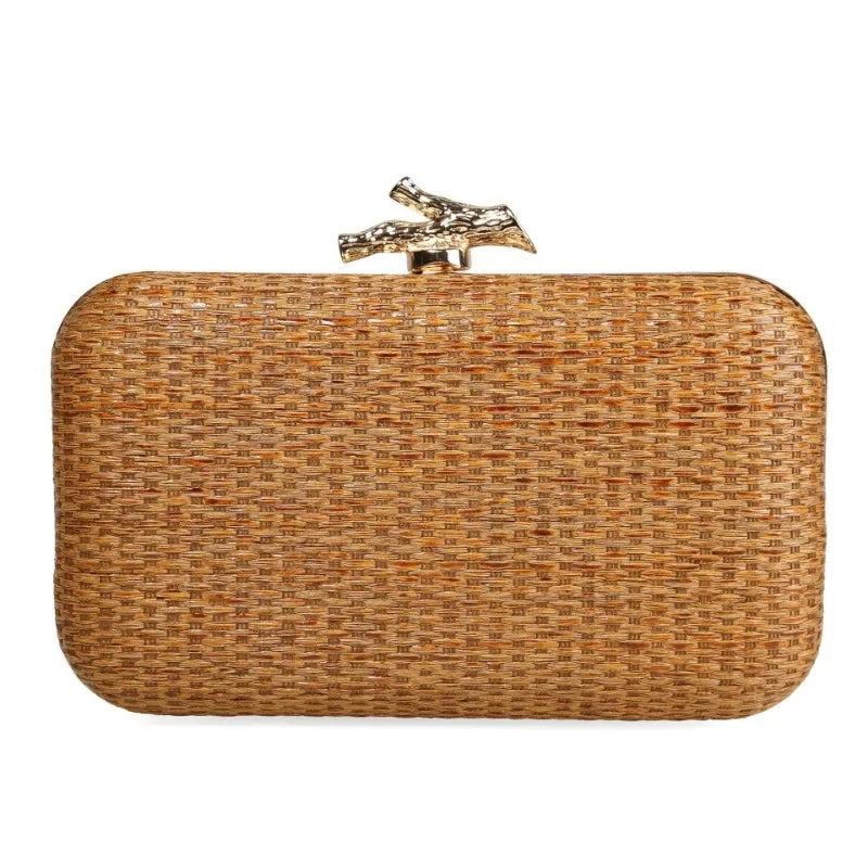 Summer New Outdoor Wedding Seaside Clutch Ladies Handmade Straw Woven Bags Elegant Gold Metal Knot Buckle Party Evening Bags
