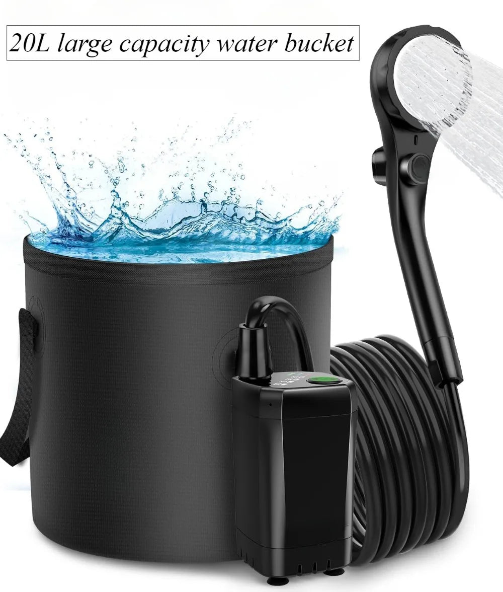 Portable Camping Shower with Rechargeable Pump - 6000mAh Outdoor Shower Kit W/ 20L Foldable Bag for Travel, Garden & Car Wash