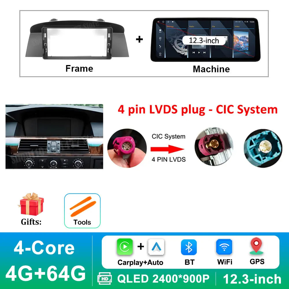 12.3 '' Ultra-thin Screen Android 16 BT for BMW 5 Series E60 E61 E62 2004 - 2012 CIC CCC System GPS Car Video Multimedia Player