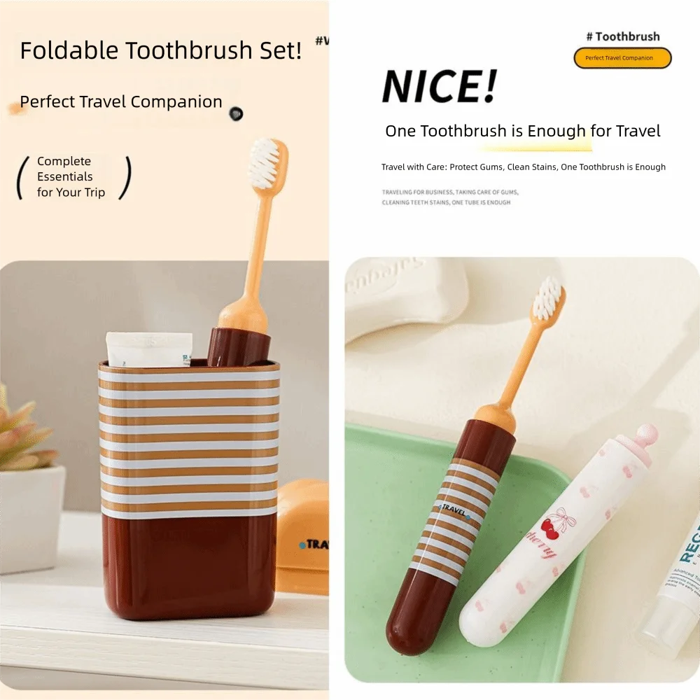 2-IN-1 Travel Toothbrush Set Foldable Portable Toothpaste Tube Storage Box Soft Bristled Mini Folding Toothbrush Dispenser