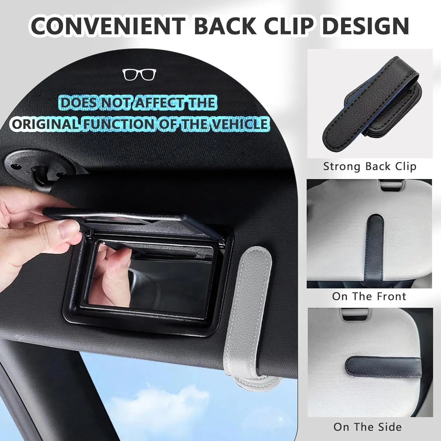 Sunglasses holders are compatible with car sunshades. They feature magnetic leather sunglasses clips and B-type clips.