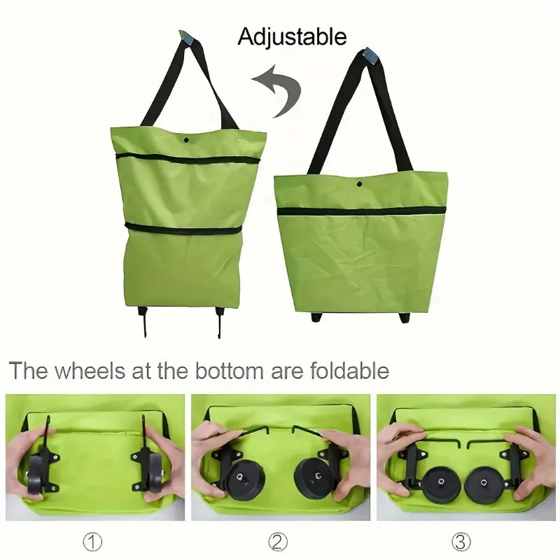 1pc Foldable Handbag, Small Trolley Large Supermarket Shopping Bag, Hand-drawn Grocery Cart Portable Bag