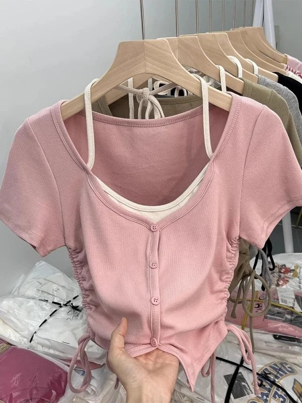 Sweet And Spicy Short Sleeve T-Shirt Neck Hanging Design Slimming Short Style Korean Version Commute Wind Women's Top