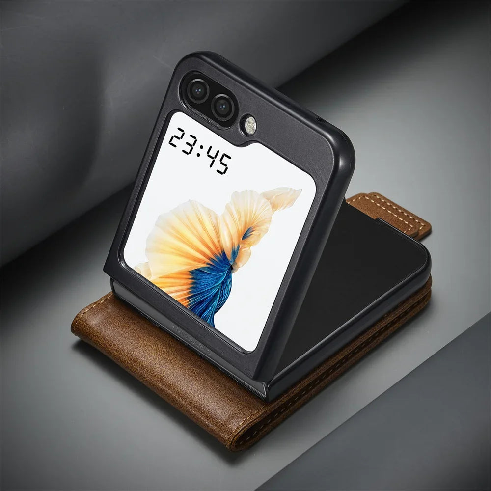 Luxury Leather Wallet Cover For Samsung Galaxy Z Flip 7 fe 6 5 4 3 Flip7 Flip6 5G Phone Case with Card Holder RFID Blocking