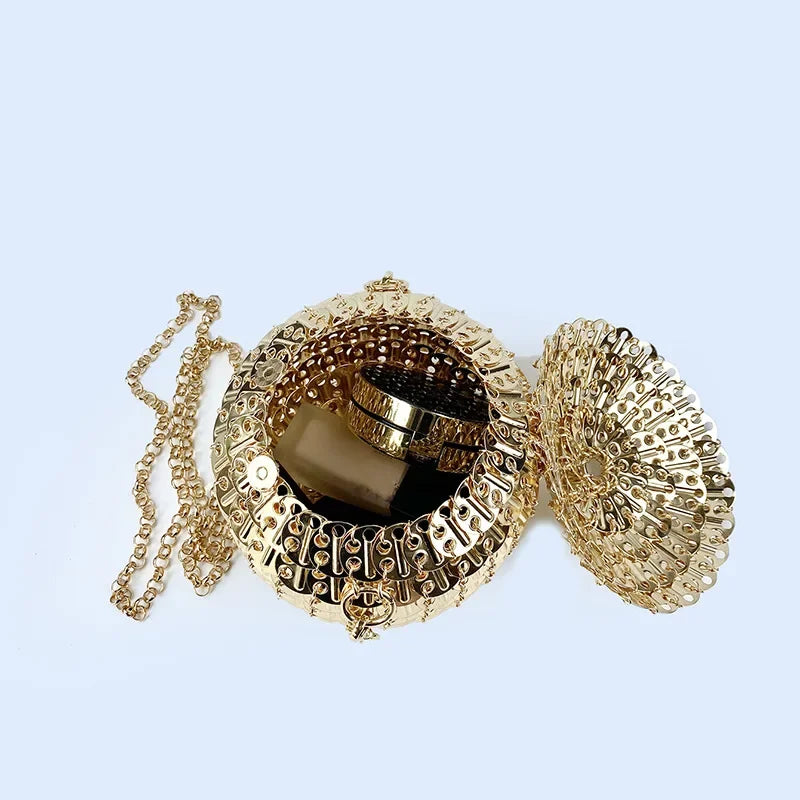 Luxury Design Gold Silver Metal Sequins Round Evening Bag Fashion Dress Party Wedding Clutch Bag Women's Hand Woven Circle Bag