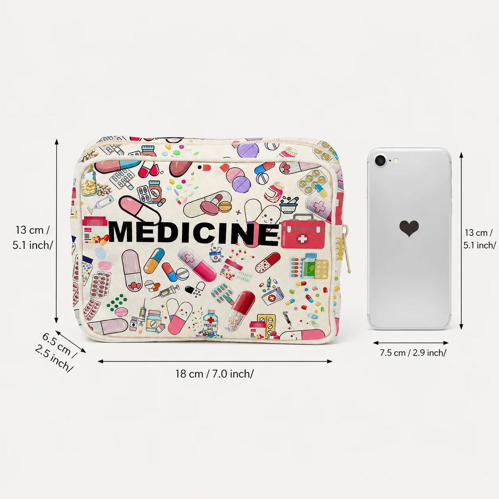 Portable Medicine Bag, Cute Pill Print Large Capacity First Aid Organizer Case for Women, Travel, Home, Camping & Emergency